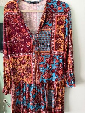 Zara Patchwork Floral Mini Dress in Turquoise, Mustard & Burgundy